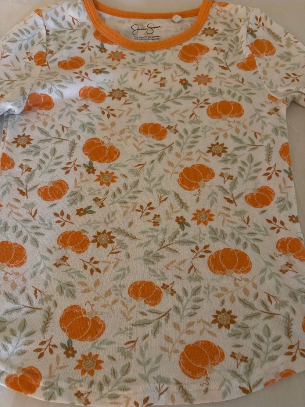 Jessica Simpson Cream Top with Orange Pumpkin and Sage Green Leaf Print